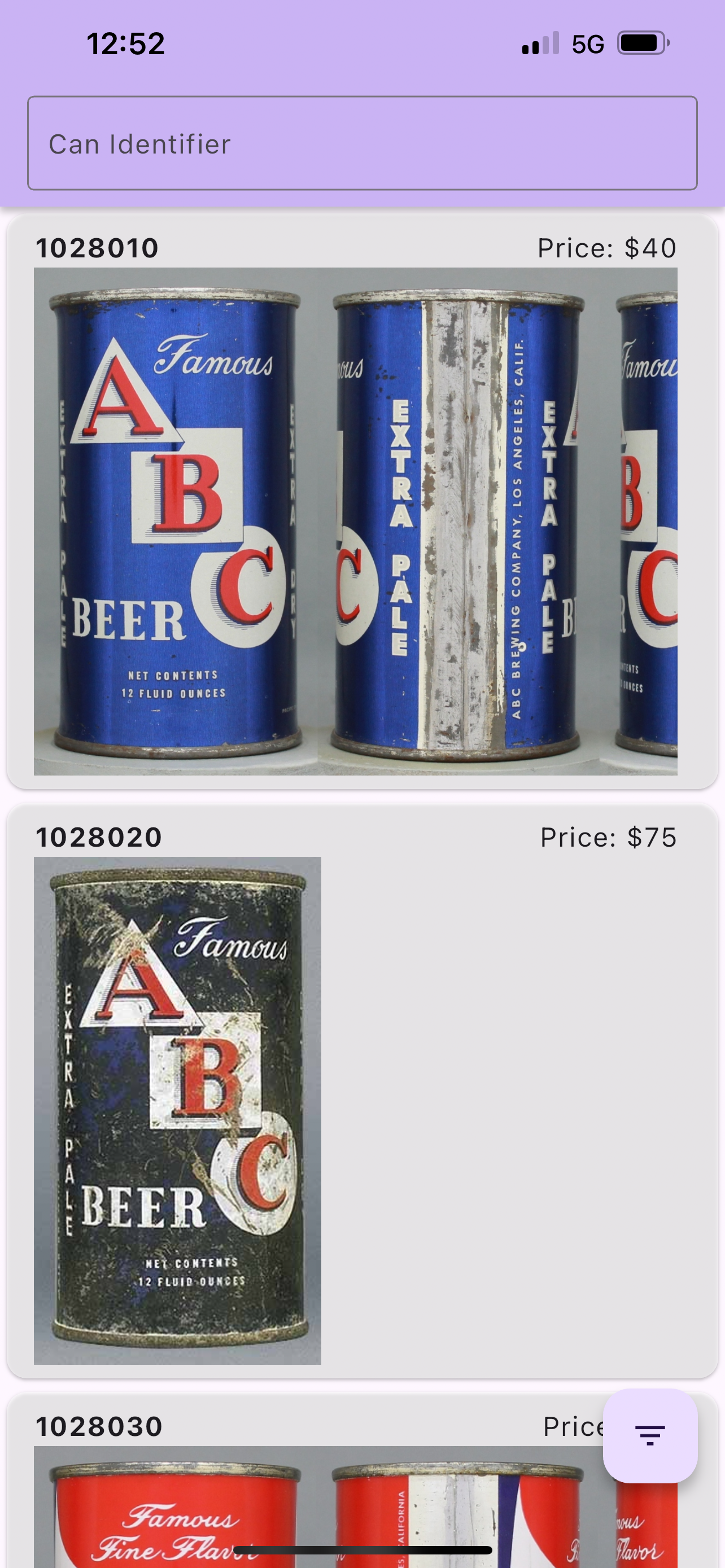 A menu full of beer cans with ID numbers and prices