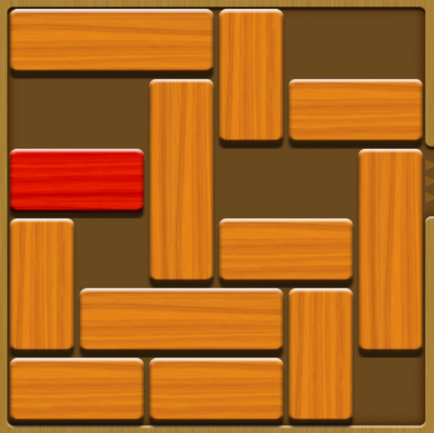 A sliding block puzzle game with brown blocks and red blocks